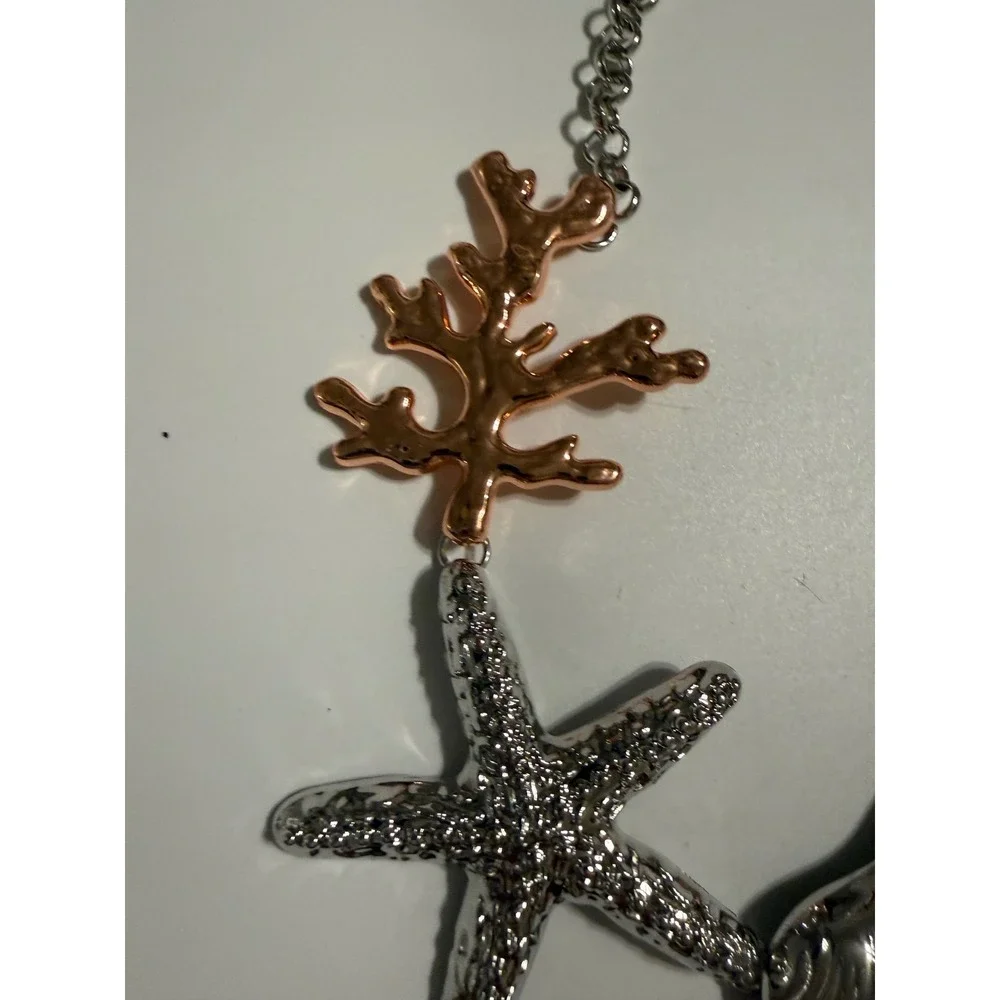 Mixed Metal Sea Shell Starfish Coral Statement Necklace Silver Rose Gold Tone
